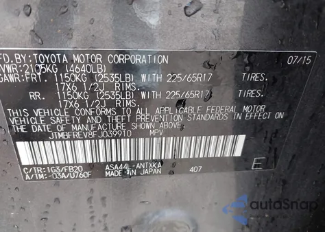 2015 Toyota Rav4 Le from USA, damaged, VIN JTMBFREV8FJ039910